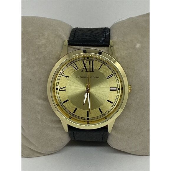 Anthony Jacobs Unisex Black Leather Analog Gold Dial Quartz Genuine Watch RQ146 - Picture 1 of 12